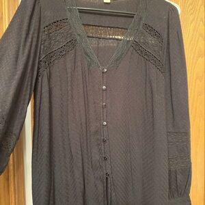 Black 3/4 Sleeve Buttoned Blouse with Lace
